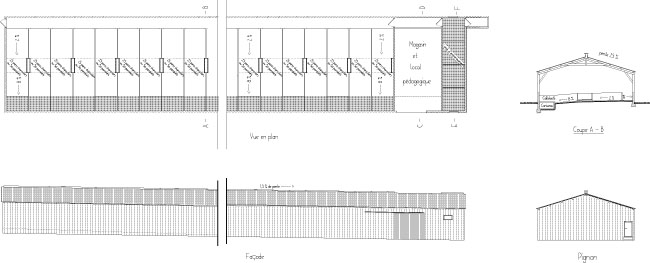 Plan du bâtiment d'engraissement pour l'élevage de porc en bâtiment Plein Air Concept.